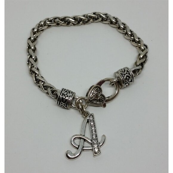 ANTIQUE silver tone chain initial letter A rhinestone charm bracelet - Picture 1 of 3